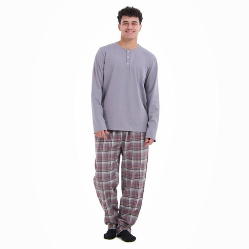 Men Fall Pajama Set Light Grey Buttoned Sweatshirt + Maroon x Light grey checkered Pants